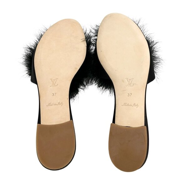 LOUIS VUITTON LV Logo Fur Flats Sandals #37 Rhinestone Black Gold Satin [105937] - Picture 6 of 9